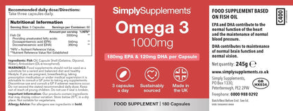 Pure Omega 3 1000Mg Capsules | Supports Heart, Brain & Eye Health | Rich in Omega 3 Fatty Acids | 540Mg of EPA and 360Mg of DHA per Serving | 180 Capsules = 2 Months’ Supply | Made in the UK