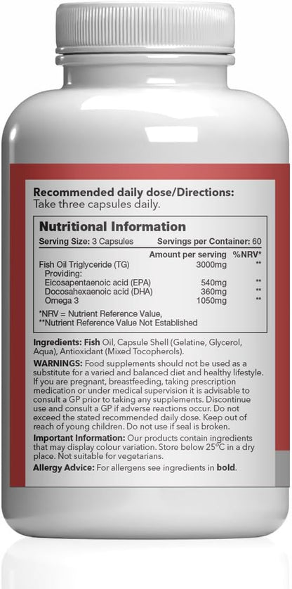 Pure Omega 3 1000Mg Capsules | Supports Heart, Brain & Eye Health | Rich in Omega 3 Fatty Acids | 540Mg of EPA and 360Mg of DHA per Serving | 180 Capsules = 2 Months’ Supply | Made in the UK