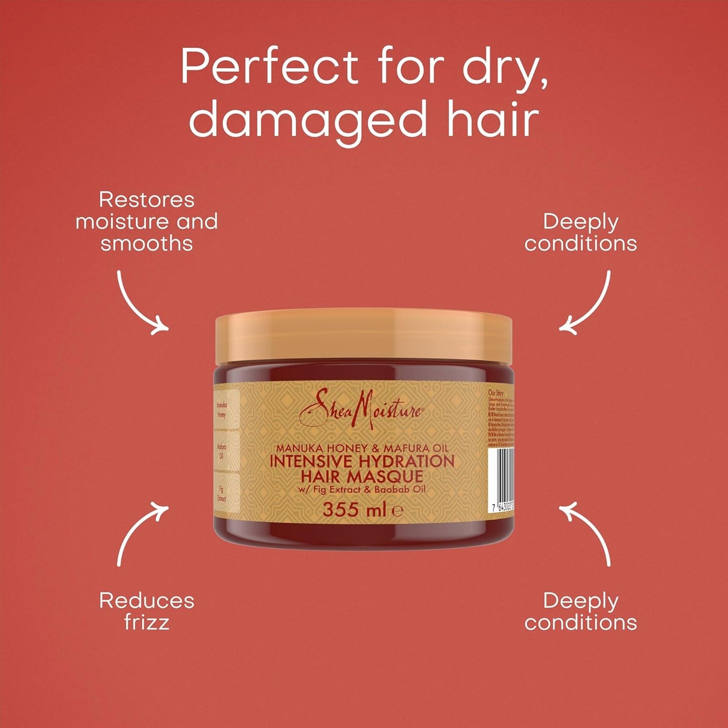 Sheamoisture Manuka Honey & Mafura Oil Hair Mask – Sulfate-Free Deep Conditioner with Shea Butter, Baobab Oil & Fig Extract, for Dry, Damaged, Coily Hair, Repairs & Tames Frizz 335 Ml